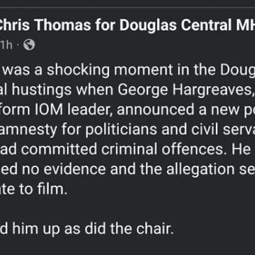 Political controversy over alleged criminal offences during Douglas Central MH hustings.