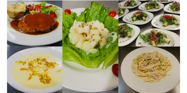 Variety of plated gourmet dishes including steak, salad, pasta, and creamy soup.