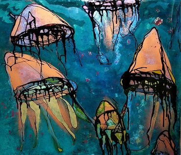 Jellyfish reverse glass painting