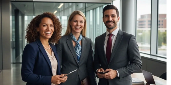 Three business professionals smiling in a modern office setting.