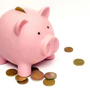 Piggy bank and coins
