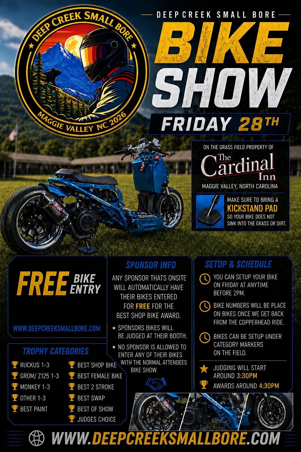 Deep Creek Small Bore Bike Show flyer for Maggie Valley 2026.
