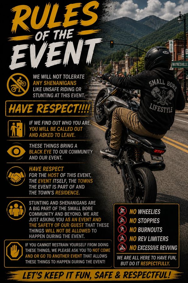 Rules poster for a motorcycle event emphasizing respect and safety.