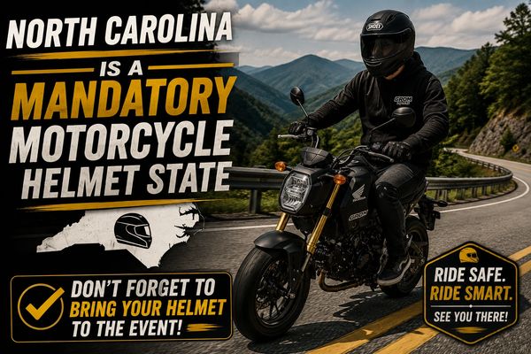 Motorcyclist on a scenic road with North Carolina helmet law reminder.