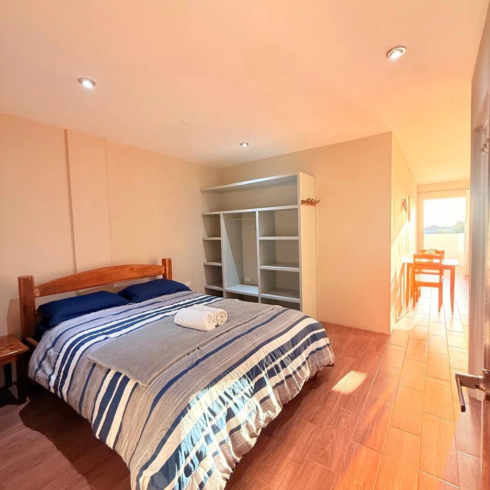 Bright bedroom with wooden bed and open closet.