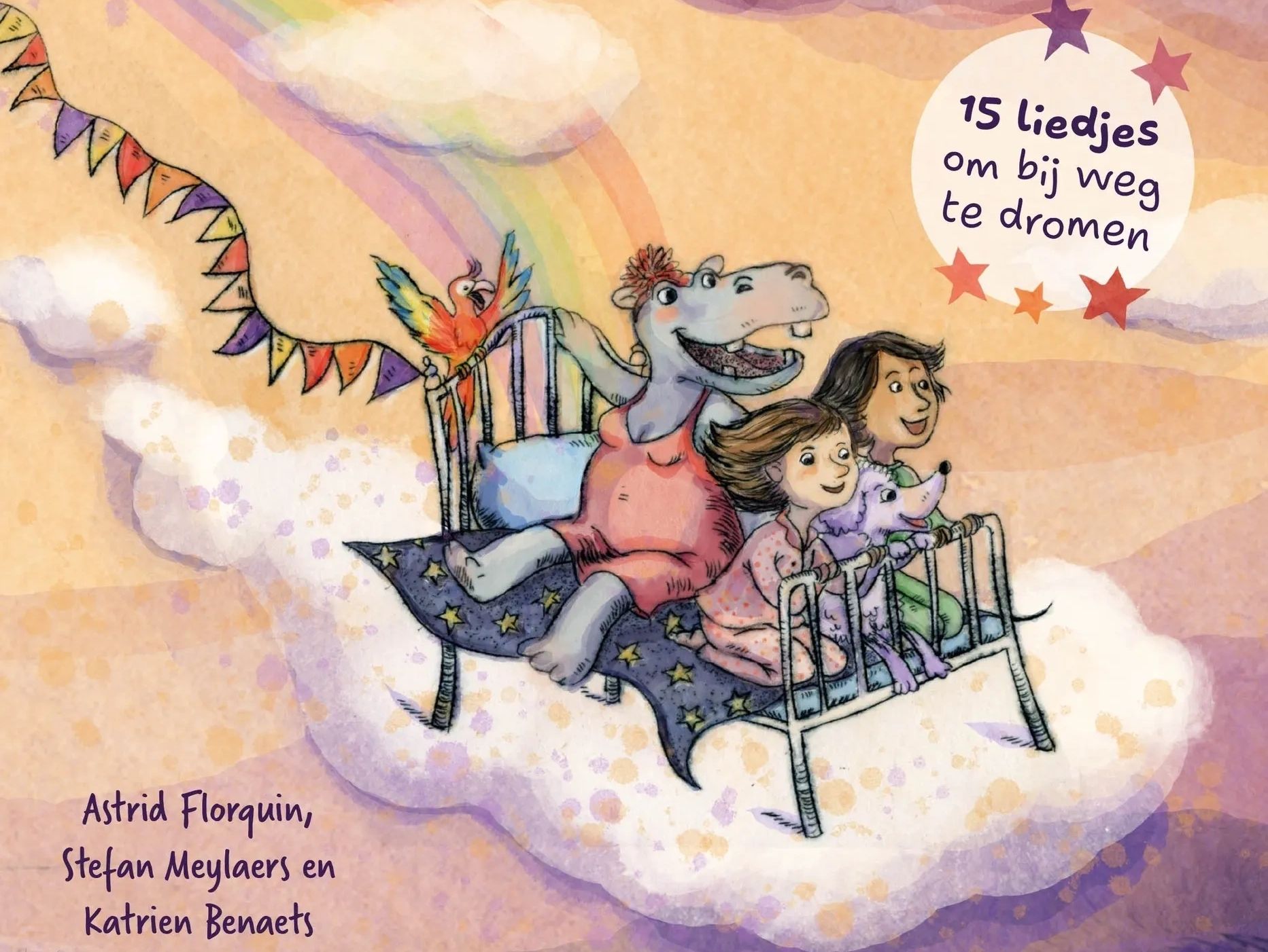 Illustratie van een lachend nijlpaard, twee meisjes en een hond op een vliegend bed met een regenboog.