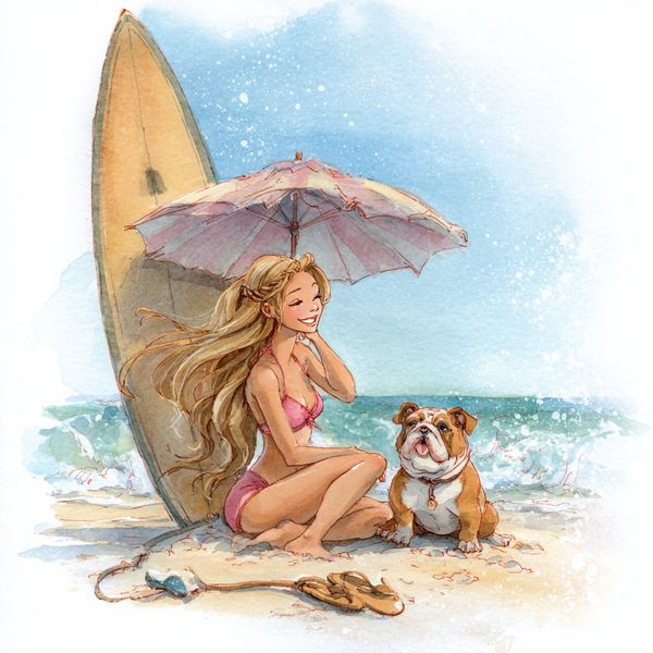 A relaxed girl in a pink bikini with her bulldog at the beach under a parasol.