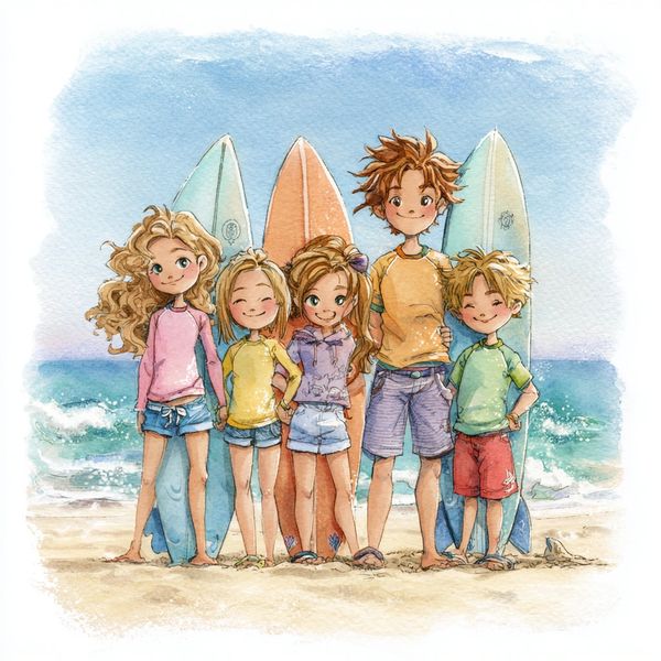 Five kids with surfboards smiling on a sunny beach day.