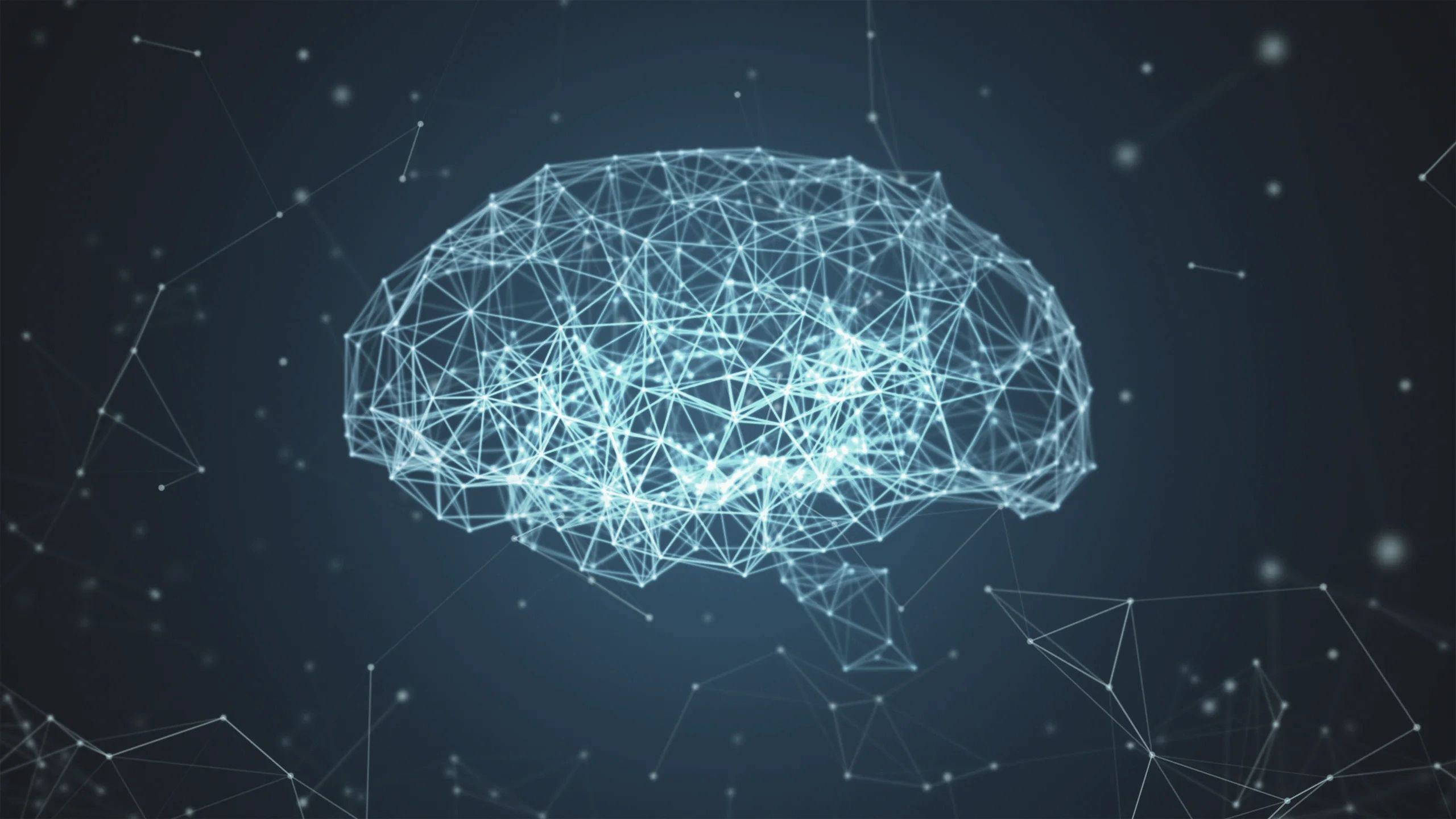 Digital network representation of a human brain using interconnected white lines and dots.