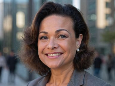 Confident professional woman smiling outdoors in business attire.