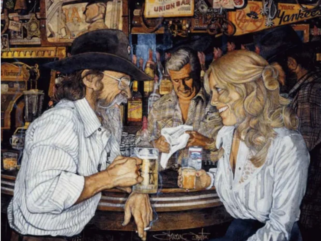 A lively bar scene with a man and woman sharing drinks and smiles.
