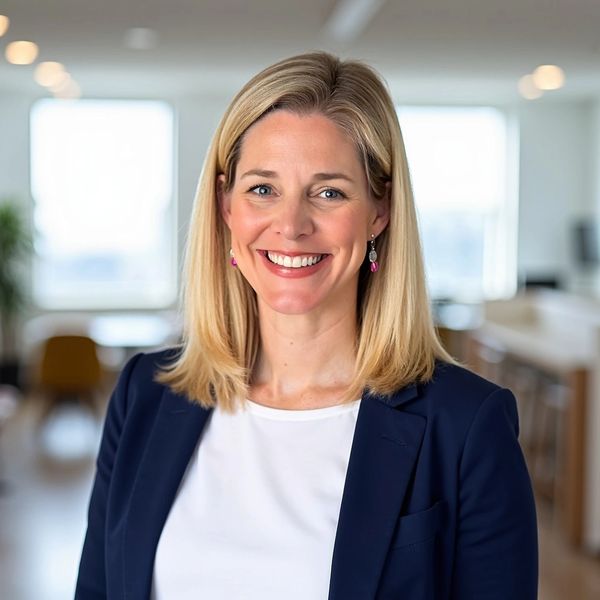 Smiling blonde woman in business attire in a bright office.