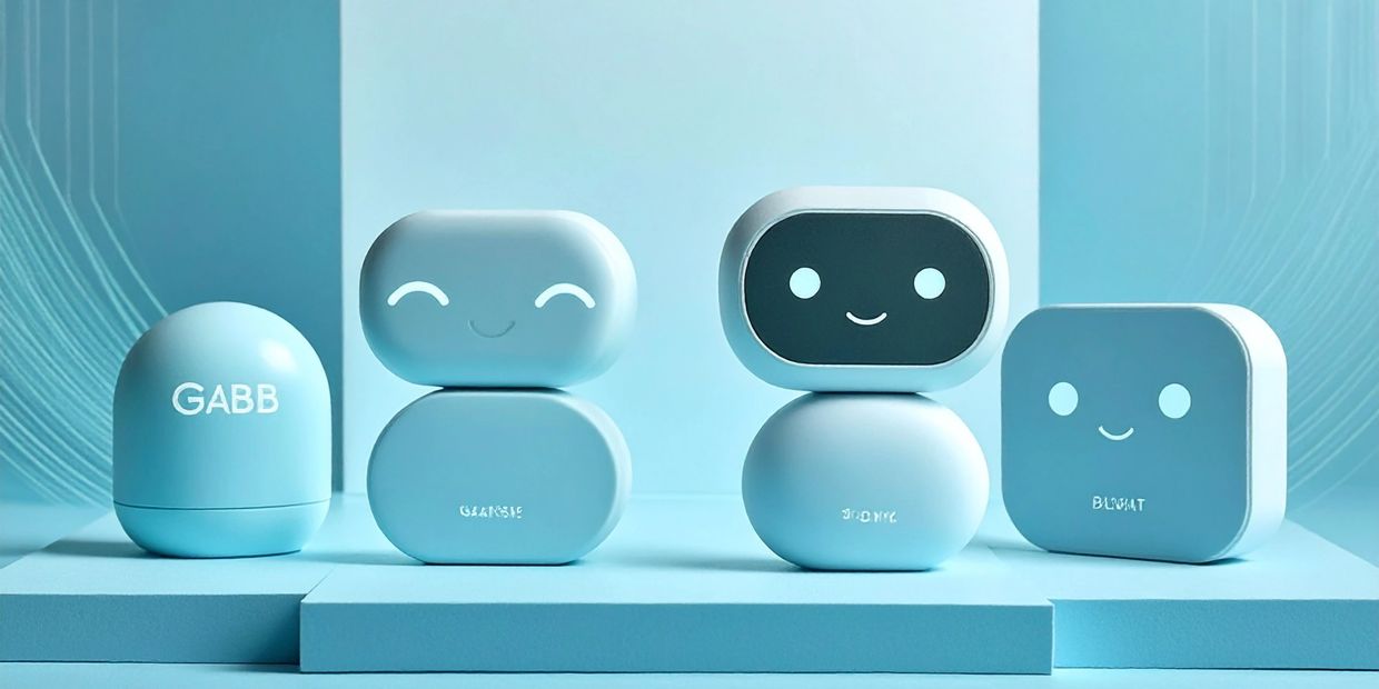 4 AI bots that look cute and friendly standing on a platform