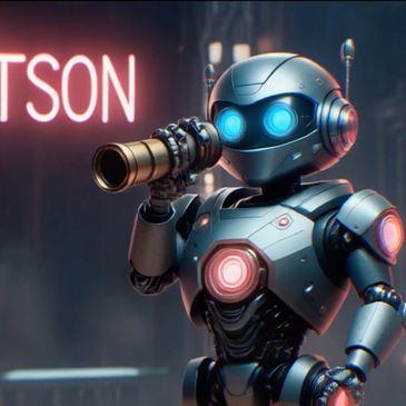 FQ3C™ Goal creation robot named watson holding a monoscope and his name in neon lights