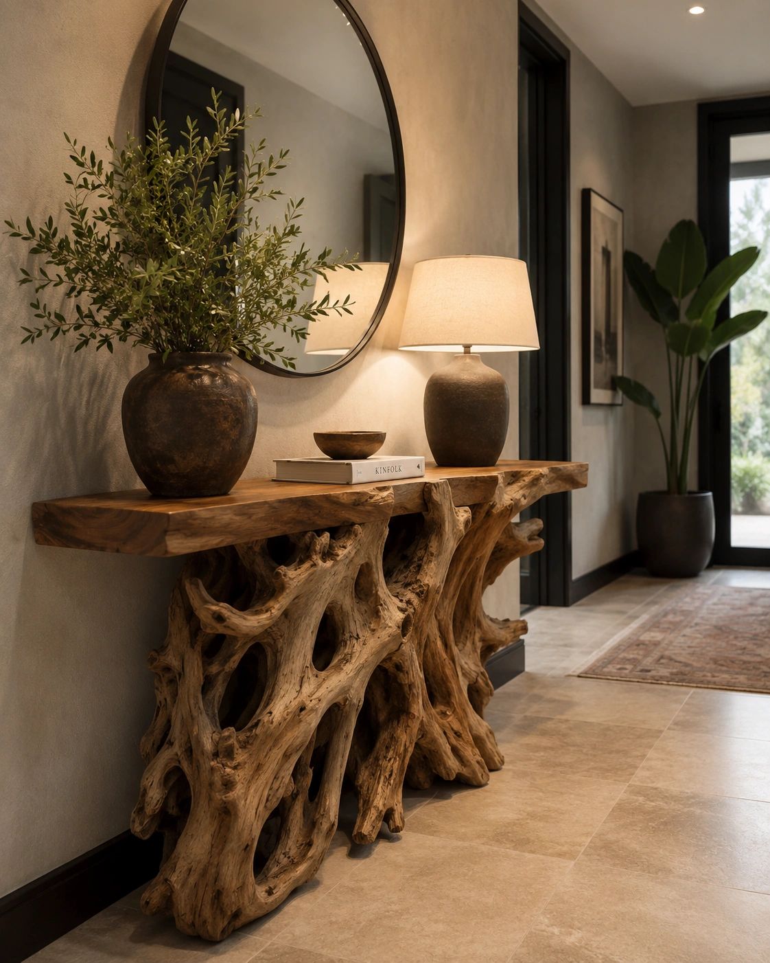 Rustic wooden console table with decorative vases and a lamp in a modern hallway.