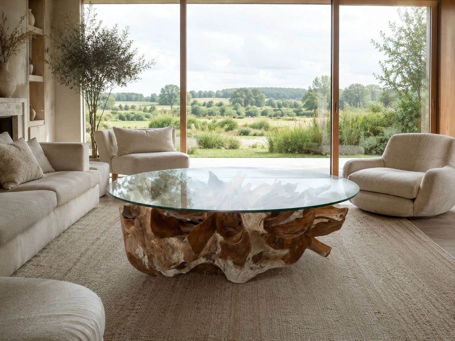 Elegant living room with beige furniture and a unique wooden glass-top coffee table.