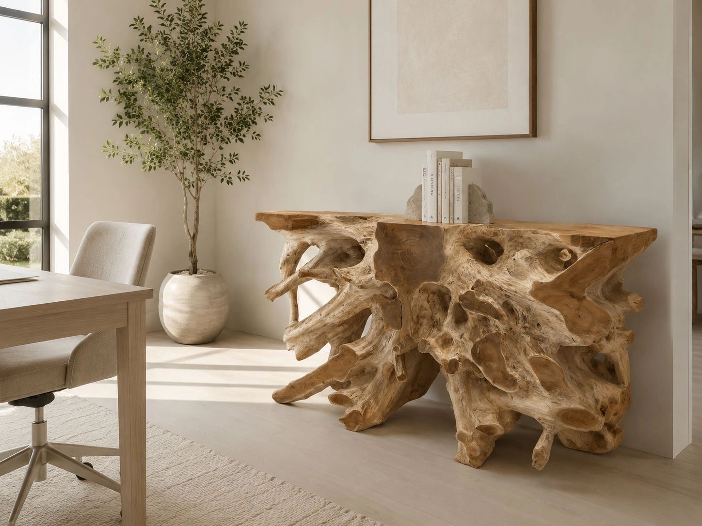 Unique wooden console table with natural root design in a modern, minimalistic room.