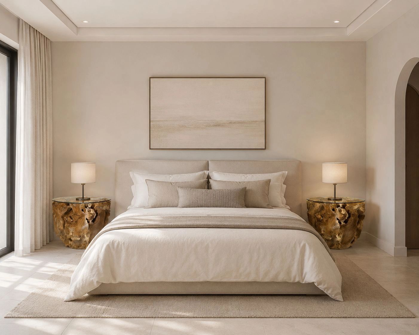 Minimalist bedroom with neutral tones and rustic wooden nightstands.