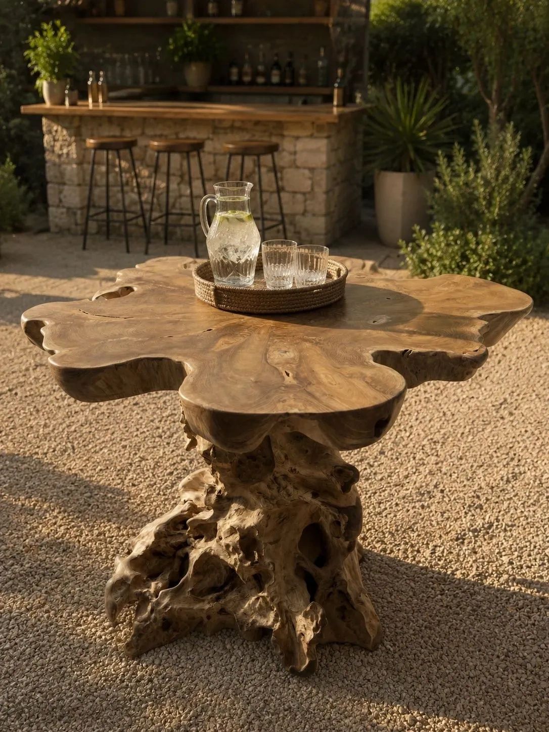 Rustic wooden table with a pitcher and two glasses in an outdoor setting.