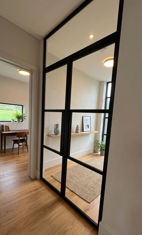 Modern interior with glass and black frame door, wooden floors, and minimalist decor.