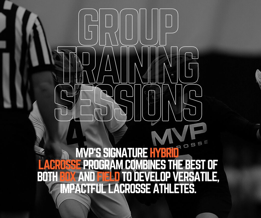 Black and white image of lacrosse players in action with bold text about group training sessions.