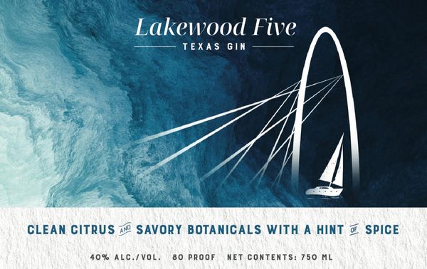 Lakewood Five Texas Gin label with citrus and spice notes.