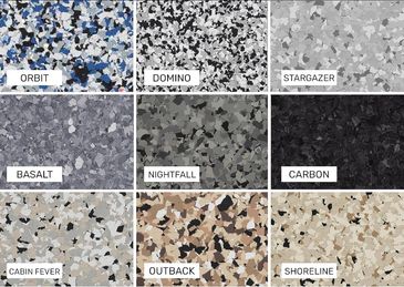 Nine samples of speckled flooring with different color names.