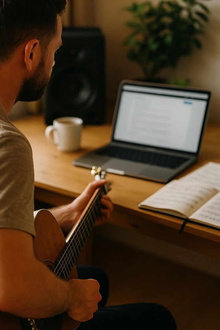 Online guitar lesson at home – man playing acoustic guitar while learning from laptop sheet music