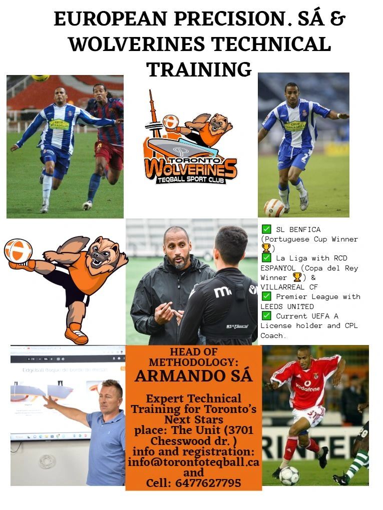 Promotional poster for Toronto Wolverines Teqball Club featuring Armando Sá's expert training.