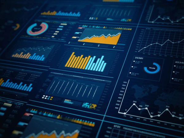 Digital dashboard displaying various colorful analytic charts and graphs.