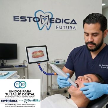 Dentist using digital scanner for dental examination on patient.