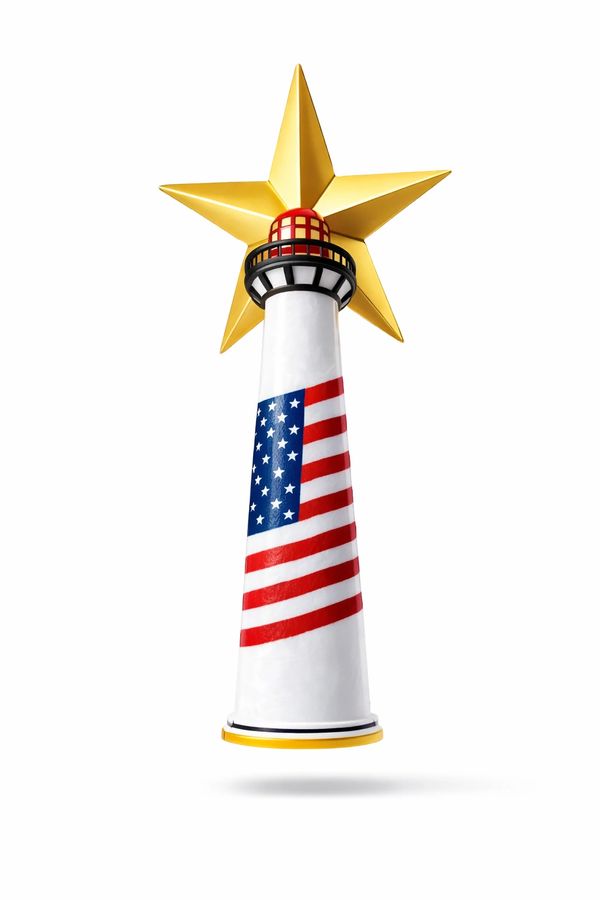Lighthouse with American flag design topped by a large golden star.