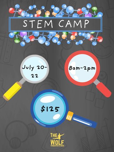 STEM Camp details with dates, times, and cost highlighted by magnifying glasses.