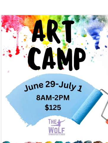 Art Camp poster with colorful paint drips and details.