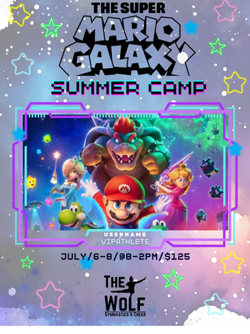 Super Mario Galaxy Summer Camp flyer with characters and event details.