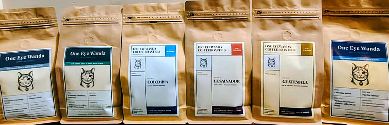 Assortment of One Eye Wanda coffee bags from different countries.