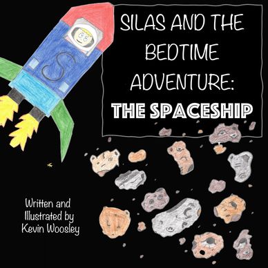 Children's book cover featuring a colorful spaceship and asteroids.