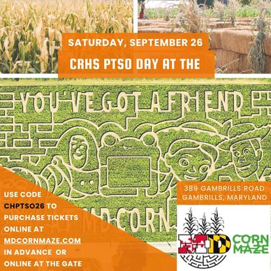 Advertisement for CRHS PTSO Day at MD Corn Maze on September 26.