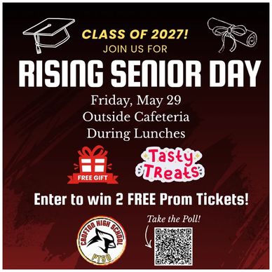 Invitation for Class of 2027 Rising Senior Day with free gifts and prom ticket raffle.