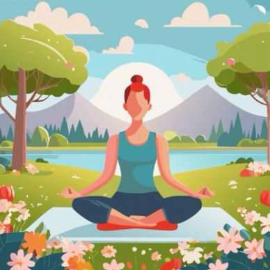 Woman meditating outdoors surrounded by nature and flowers.