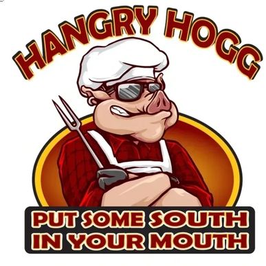 Logo of Hangry Hogg with a tough pig chef and slogan.