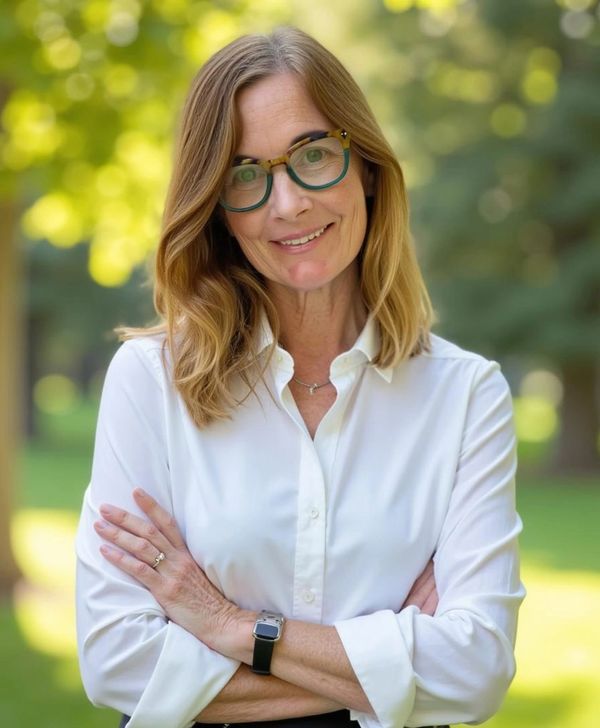 Smiling woman with glasses in a white shirt outdoors.