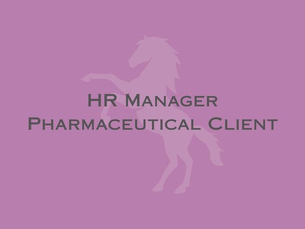 Text on a purple background with a faint horse silhouette: HR Manager Pharmaceutical Client.