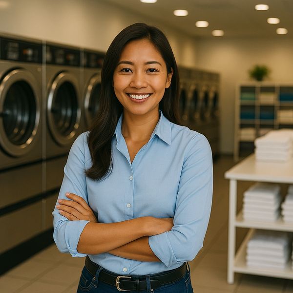 Filipino business owner standing proudly in her laundromat powered by Karnot heat pumps