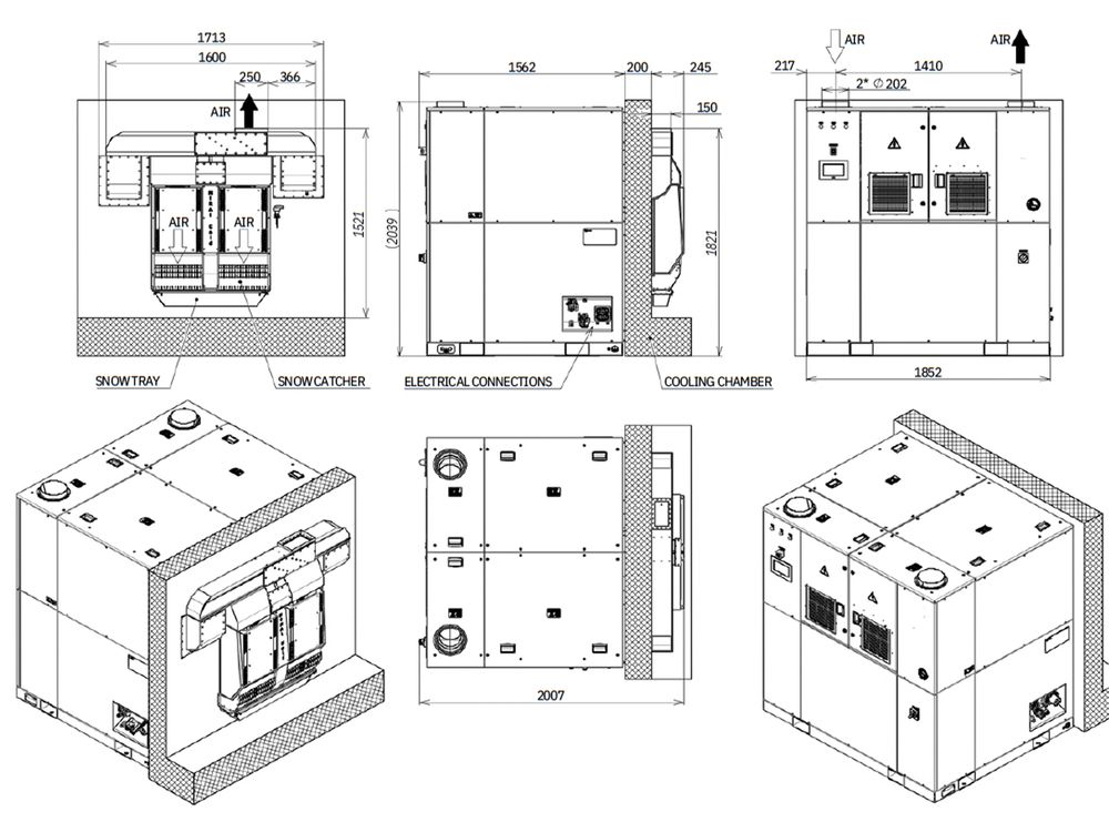 iCRYO 15 technical dimensional drawing showing front and side elevations