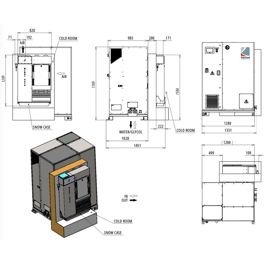 iCRYO 10 technical dimensional drawing showing front and side elevations