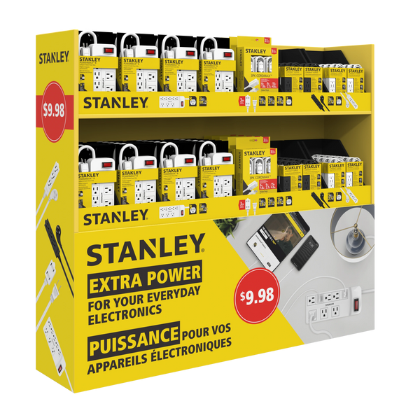 Stanley power strips and extension cords displayed with a $9.98 price tag.
