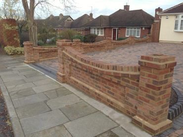 brick wall, block paving driveway