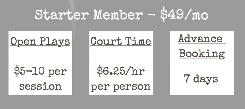 Pricing details for Starter Member at $49/month with session rates and booking advance.
