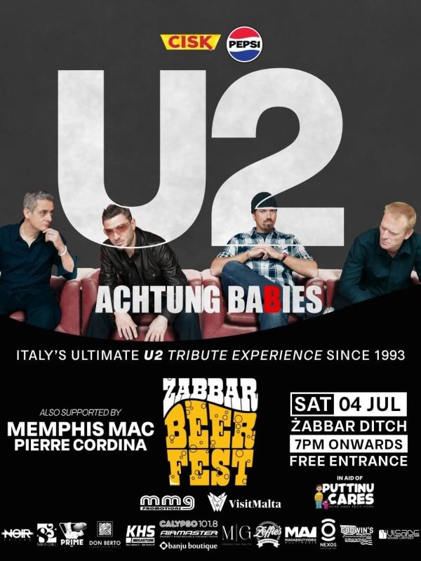 U2 tribute band Achtung Babies performing live at Żabbar Beer Fest in Malta.